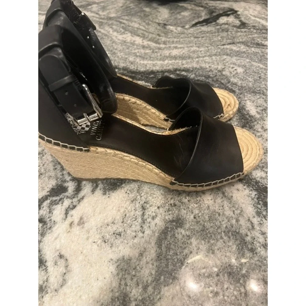 Vince Camuto Espadrille Wedge Sandals Womens Black Leather Ankle Strap Size 10